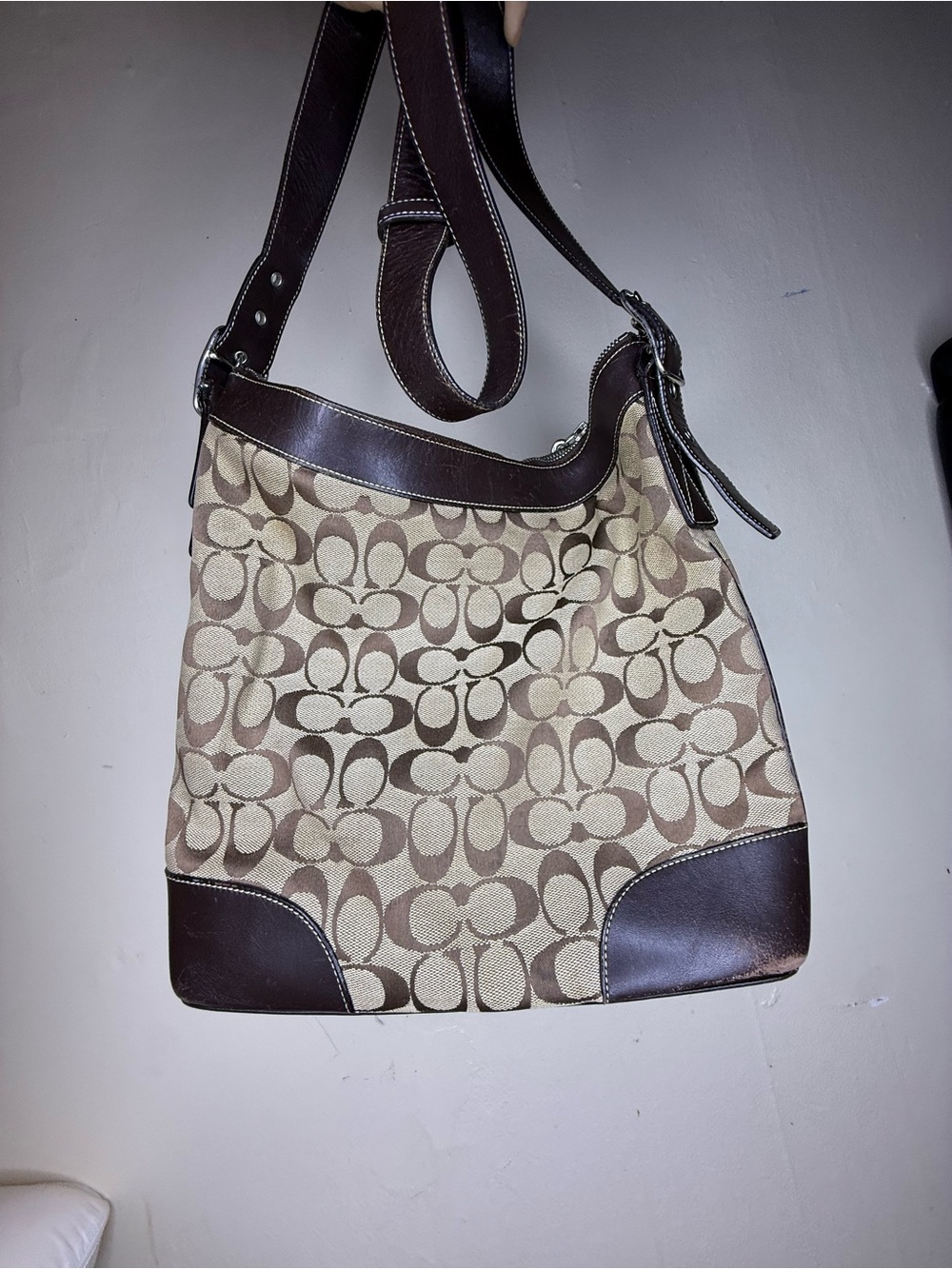 Coach vintage Brown Signature Canvas Shoulder Bag with Dark Brown Leather Trim